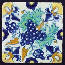 Ornament tile with bunch of grapes, corner motif lily, wall tile tile sculpture ceramic earthenware glaze, baked 2x glazed
