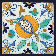 Ornament tile with pomegranate, corner pattern lily, wall tile tile sculpture ceramic earthenware glaze, baked 2x glazed painted
