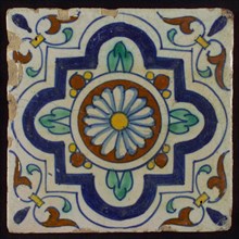 Ornament tile, central rosette with four-step variant frame, corner motif wing leaf, wall tile tile sculpture ceramic