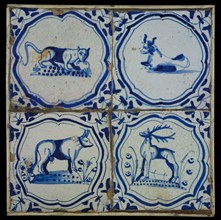 Square tile field, four tiles, animal decor, blue on white, cat-like, two cows and deer, in accolade, corner motif, tiled field