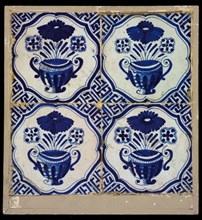 Square tile field, four tiles, floral decor, blue on white, Chinese flowerpot in braces with meanders, tiled field wall tile