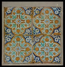 Tile field, four tiles, central decor, with orange, blue and green on white, pompadour, frame: vierpas, tiled field wall tile