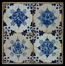 Tile field, four tiles, central decor, blue on white, three times flowers with bird in circle and flower in circle, corner motif
