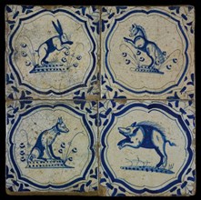 Tile field, four tiles, animal decor, blue on white, with hare, horse, dog and wild boar in braces, corner motif, wing, tiled