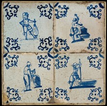 Tile field, four tiles, figure decor, with blue on white, among others with cooper, corner motif voluut, tiled field wall tile