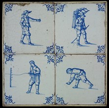 Tile field, four tiles, figure decor, blue on white, various games and one peddler, corner pattern ox head, tile field wall tile