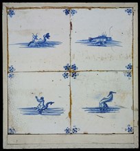 Tile field, four tiles, scene decor, blue on white, two fish and two sea creatures, corner pattern spider, tile field wall tile