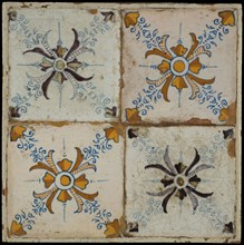 Tile field, four ornament tiles, central decor without frame along two diagonals, with orange, blue and purple on white, tiled