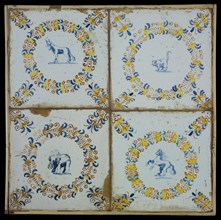 Tile field, four tiles, animal decor in egret, with yellow, orange, blue and brown on white, two horses, elephant and cat-like