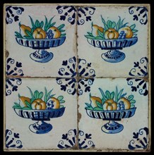Tile field, four tiles, fruit decor, orange, yellow, green and blue on white, fruit bowl on foot, corner motif, tiled field wall