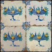 Tile field, four tiles, fruit decor, yellow, green, blue on white, high fruit scale on foot, corner pattern ox head, tiled field