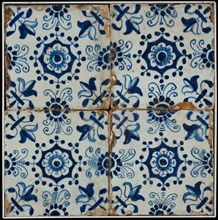 Tile field, tile, four ornament tiles, central decor without frame, blue on white, rosettes, corner pattern lily, tiled field