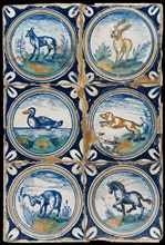 Tile field, six tiles, animal decor, orange, green and blue on white, including deer, duck, dog and horse, in circle with