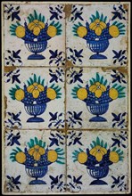 Tile field, six tiles, fruit decor, yellow, green and blue on white, with fruit bowl, corner motif lily, tile field wall tile