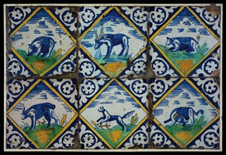 Tile field, six tiles, with animal decor in squared, orange, yellow, green and blue on white, including deer and two dogs, one
