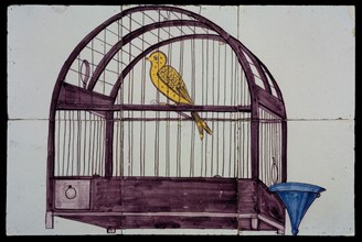 Van der Wolk, Tile panel, six tiles, yellow and purple on white, canary in bird cage with blue water tray, tile picture material