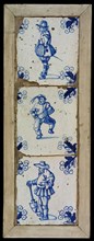 Tile field, three tiles, blue on white, warrior, dancing artist, man with shovel, corner motif, tile field wall tile tile