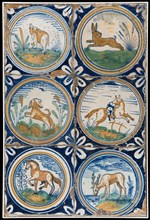 Tile field, six tiles, animal decor in circular band, corner motif quarter rosette, tile field wall tile tile image ceramics
