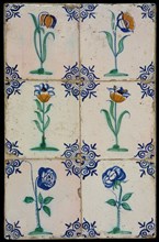 Tile field, six tiles, four with orange, green and blue on white, two with green and blue, flower on ground, corner pattern ox
