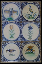 Tile field, six tiles, flower or bird in circle, orange, yellow, blue and green on white, corner motif meander, tiled field wall