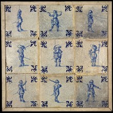 Tile field, nine tiles, blue on white, warriors, corner motif lily, tiled field wall tile tile footage ceramic earthenware glaze