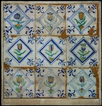 Tile field, nine tiles, orange, green and blue on white, eight tulips and flower in square, corner pattern lily, tiled field