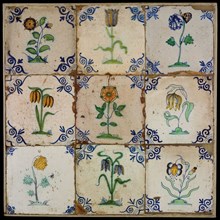 Tile field, nine tiles, orange, yellow green and blue on white, flowers on ground, corner pattern ox head, tiled field wall tile