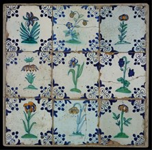 Tile field, nine tiles, orange, green and blue on white, flower on ground, corner design three-section, tiled field wall tile