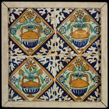 Tile field, four tiles, orange, green and blue on white, flowerpot in square, corner pattern palmet, tiled field wall tile