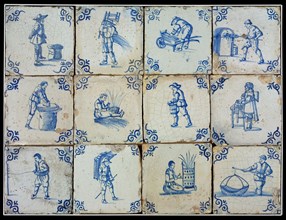 Tile field, twelve tiles, blue on white, professions, including chairs, baker, fisherman, corner motif, ox-head, tiled field
