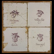Tile field, four tiles, purple on white, city coat of arms Hinloopen, Willem-stadt, Gouda, Steen-wijck, tiled field wall tile
