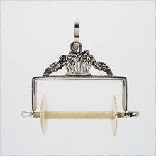 Silver ball holder with ivory bobbin, tangle holder holder silver ivory, cast Hook clamped around handle of flower basket