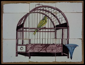 Van der Wolk, Tile panel, six whole and three half tiles, canary in birdcage, yellow, purple and blue on white, tile picture