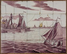 Verwijk, Purple tile picture, ships in the port of Vlaardingen, tile picture material ceramics pottery glaze wood, baked 2x