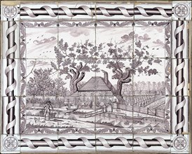 Van Traa, Purple tile picture with decorative edge of half tiles, farm with farmer and peasant woman, tile picture material