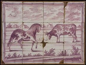 Tile panel, twelve tiles, purple on white, horse and cow in polder landscape, tile picture material ceramics pottery glaze