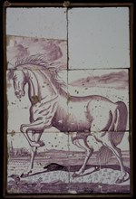 Van der Wolk, Tile panel, six tiles, horse in pasture, purple on white, tile picture material ceramics pottery glaze, baked 2x