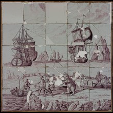 Aalmis, Purple tile picture, hunt for polar bear, Dutch in the polar ice, tile picture material ceramics pottery glaze wood