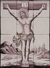 Purple tile picture of twelve separate tiles, crucifixion of Jesus Christ, tile picture ceramic earthenware glaze, baked 2x