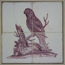 Tile panel, four tiles, purple on white, parrot on stalk, tile picture material ceramics pottery glaze tin glaze, baked 2x