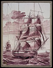 Purple tile picture, sailing three-master, tile picture material ceramics pottery glaze wood, with frame h 54.0 41.5 baked 2x