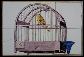 Van der Wolk, Tile panel, six tiles, yellow, purple and blue on white, canary in bird cage with blue water tray, tile picture