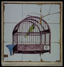 Van der Wolk, Tile panel, nine tiles, purple, yellow and blue on white, canary in bird cage, with blue water tray, tile picture