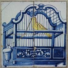 Tile panel, four tiles, canary in birdcage, tile picture ceramic earthenware glaze, baked 2x glazed painted Two high two wide