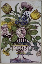 tile manufacturer Hoogstraat, van der Wolk?, Tile panel, six tiles, purple, yellow, green and blue on white, neo-classicistic