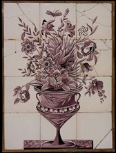 Tile panel, twelve tiles, purple on white, flower vase with dragonfly, tile picture material ceramics pottery glaze, baked 2x