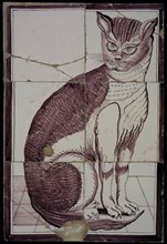 Tile panel, six tiles, purple on white, sitting cat, tile picture ceramic earthenware glaze, baked 2x glazed painted Two broad
