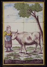 Multicolored tile picture, peasant woman with cow, stuck by tree, tableau on plate, tile picture material ceramics pottery glaze