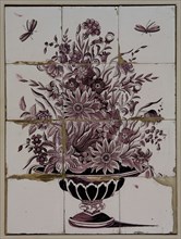 Purple tile tableau, vase with flowers and two insects, tile picture material ceramics pottery glaze wood, baked 2x glazed