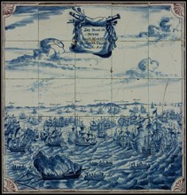 Blue tile picture with purple details, sea battle at Duins led by Maarten Harpertszn. Tromp, tile picture material ceramics